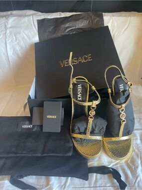Versace Metallic Gold Snake-Embossed T-Strap Sandals